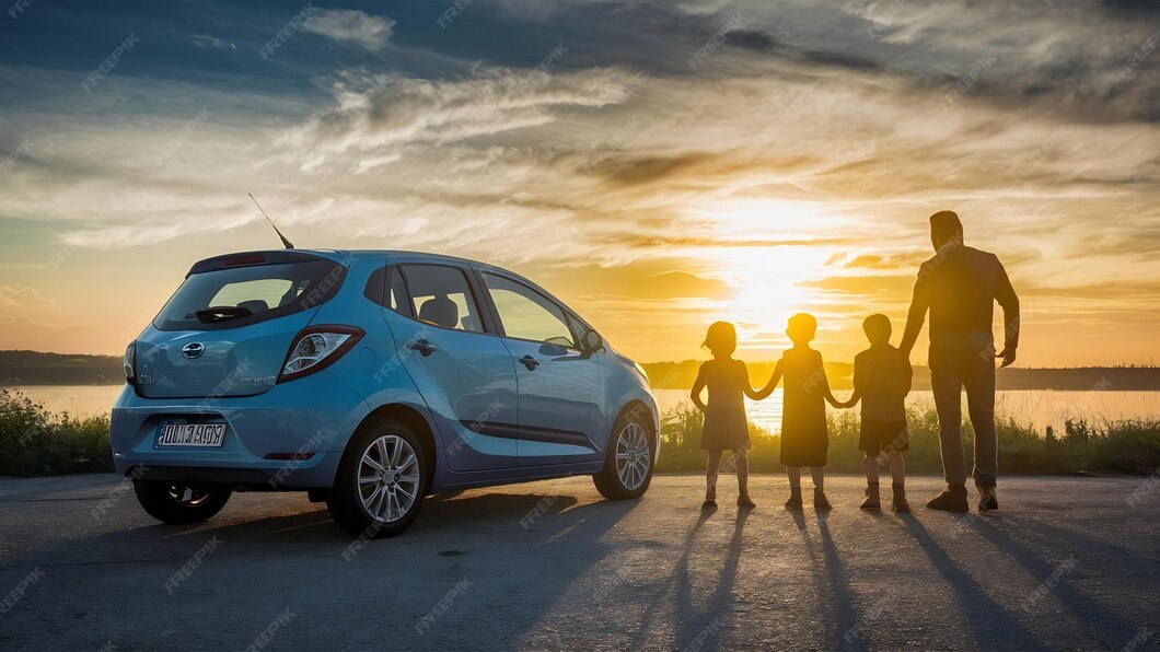 Family next to a small car at sunset