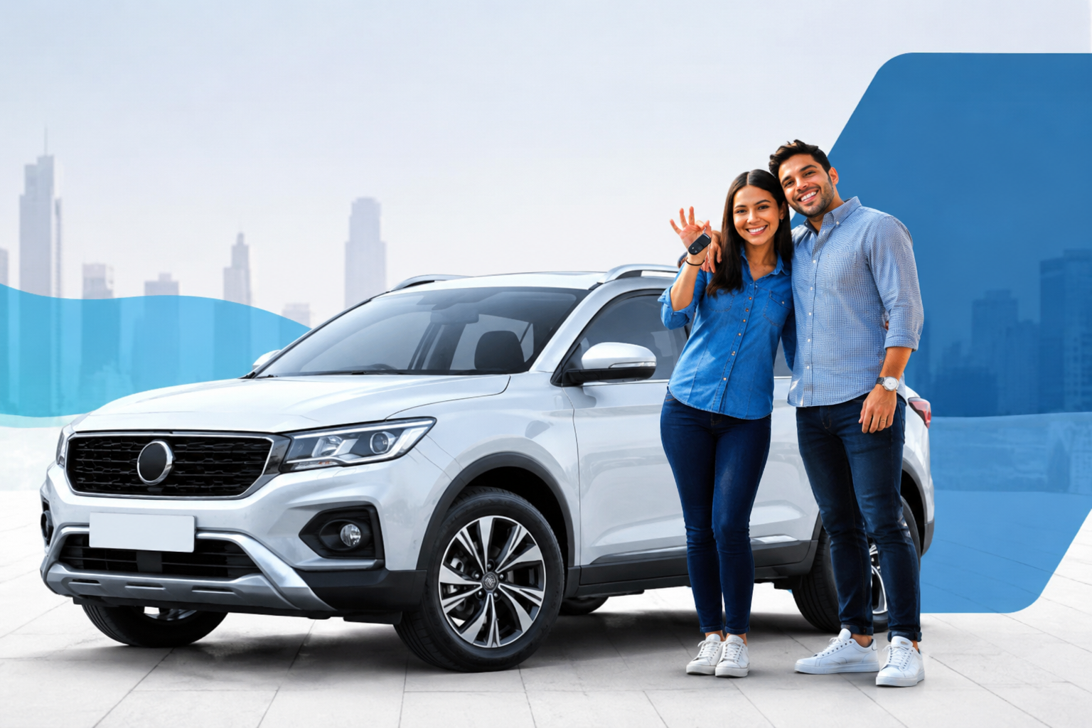 Couple standing beside a car at sunset
