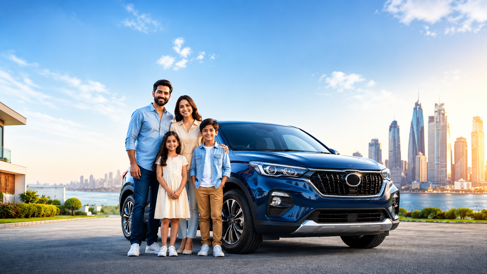 Family next to a small car at sunset